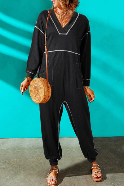 Contrast Stitching Pocketed Jumpsuit