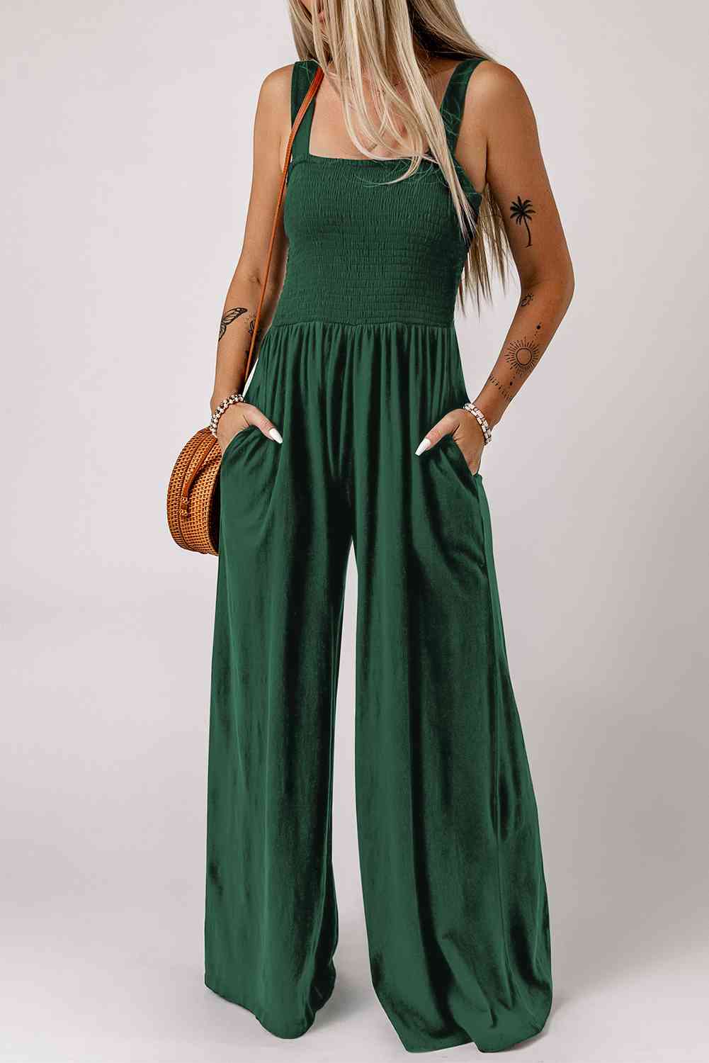 Square Neck Wide Leg Jumpsuit with Pockets