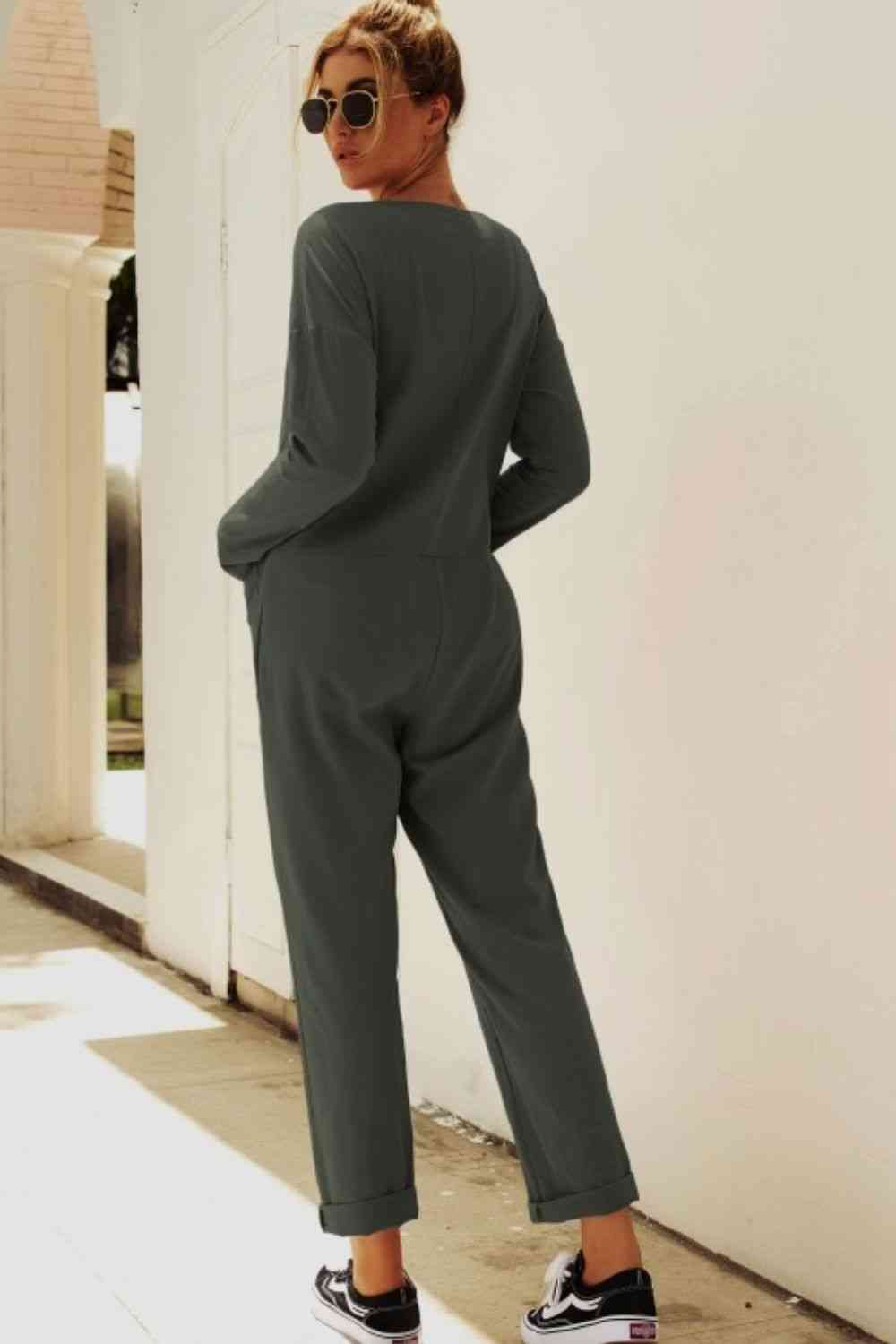 Buttoned Drop Shoulder Pocketed Jumpsuit