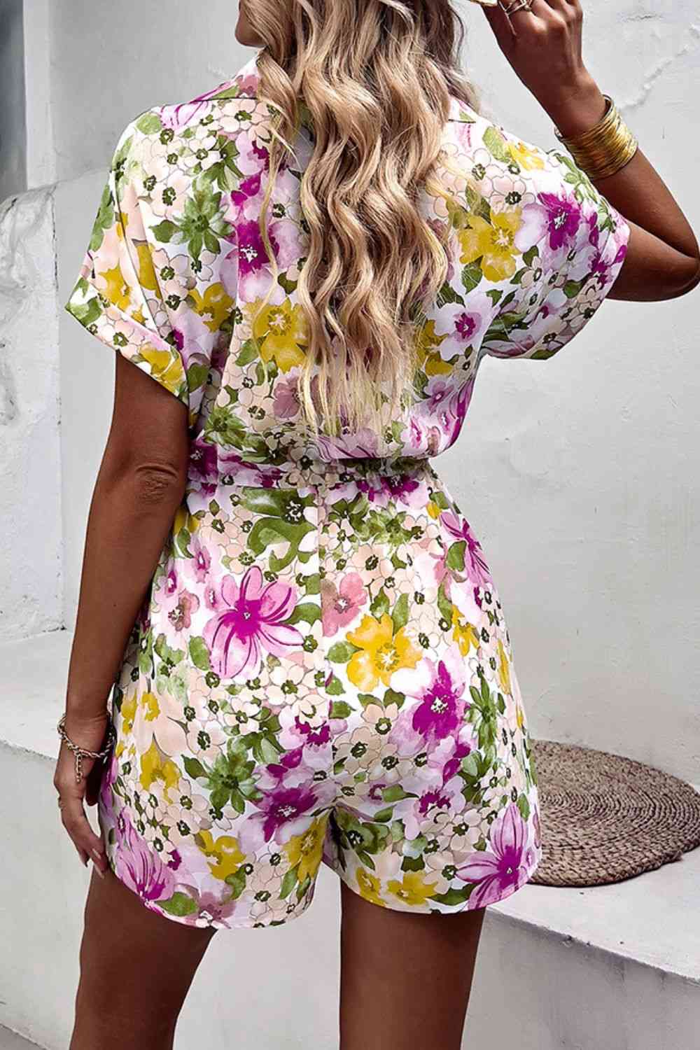 Floral Lapel Collar Romper with Pockets