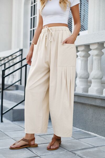Drawstring Pocketed Wide Leg Pants