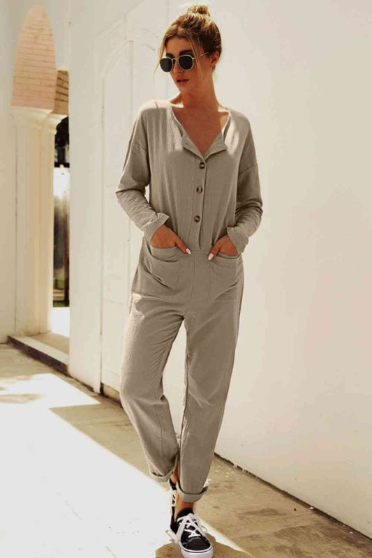 Buttoned Drop Shoulder Pocketed Jumpsuit