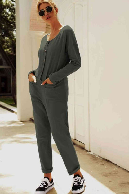 Buttoned Drop Shoulder Pocketed Jumpsuit