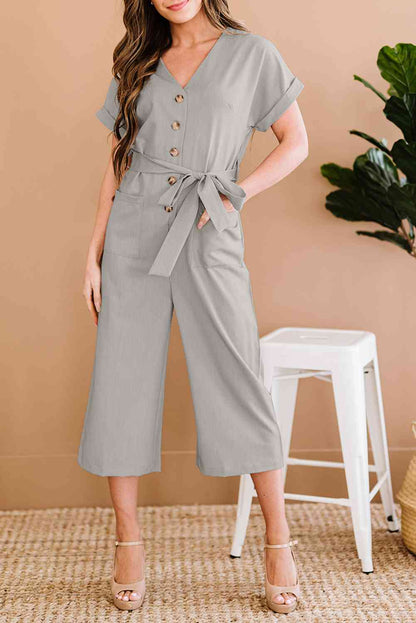 Belted Cropped Jumpsuit with Pockets