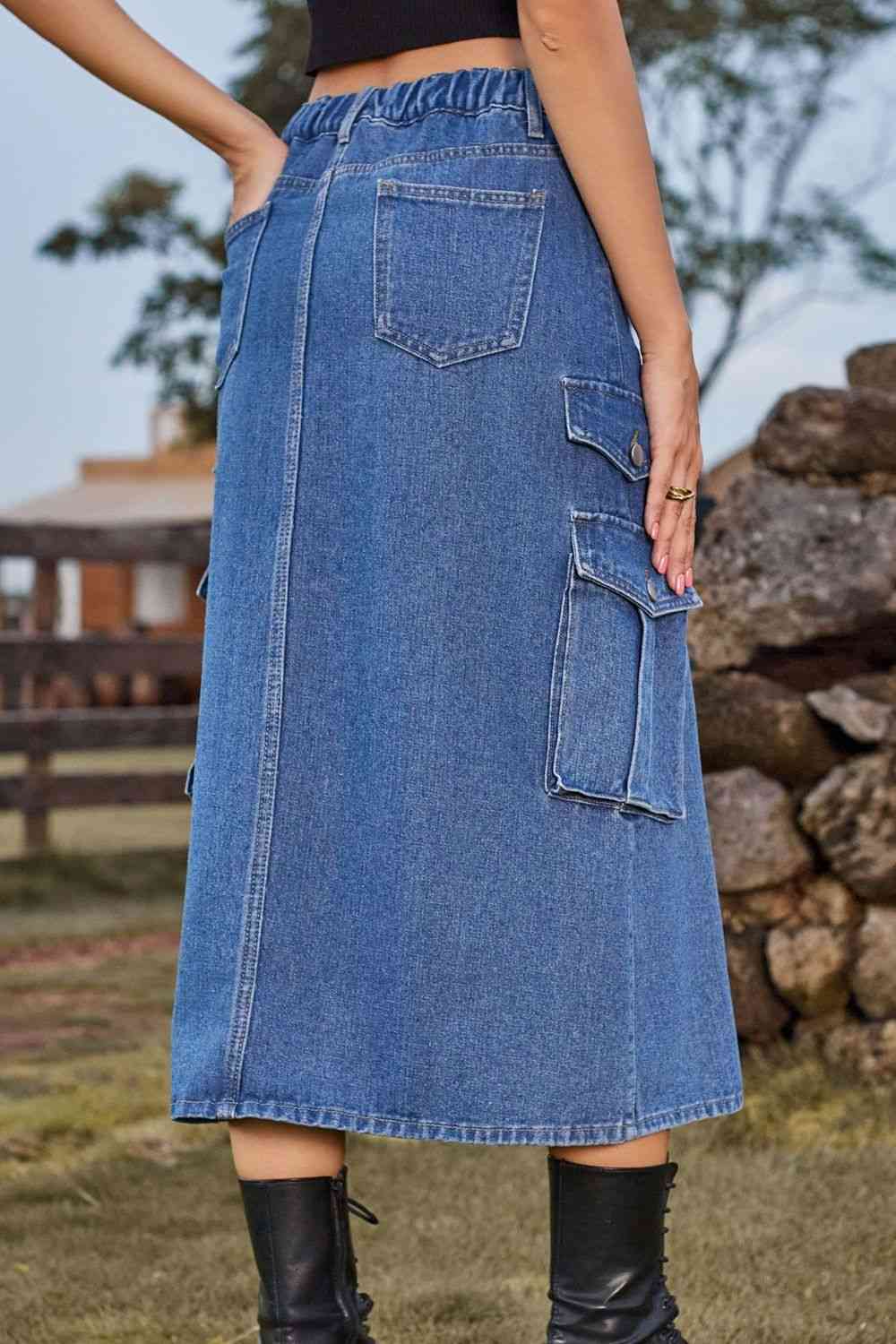 Slit Front Denim Skirt with Pockets