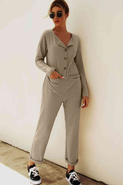 Buttoned Drop Shoulder Pocketed Jumpsuit