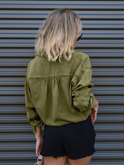 Drawstring Pocketed Button Up Top