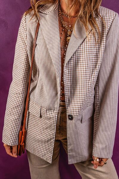 Plaid Pocketed Long Sleeve Blazer