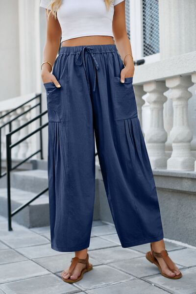 Drawstring Pocketed Wide Leg Pants