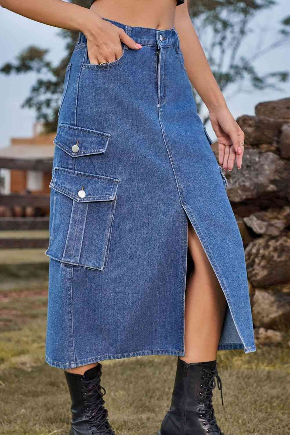 Slit Front Denim Skirt with Pockets