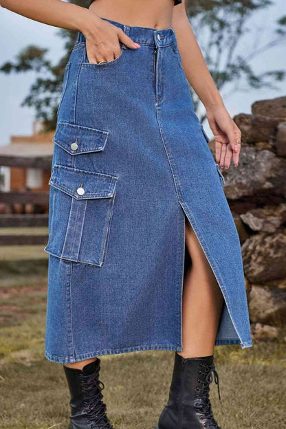 Slit Front Denim Skirt with Pockets