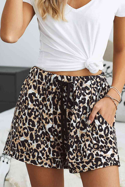 Leopard Drawstring Waist Shorts with Pockets