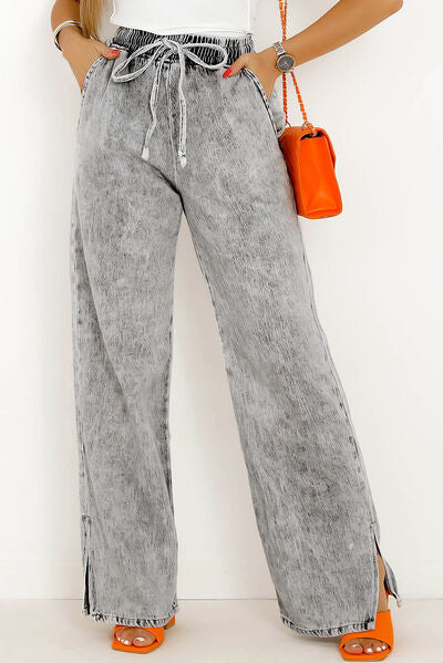 Slit Drawstring Denim Pants with Pockets
