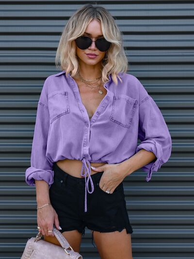 Drawstring Pocketed Button Up Top