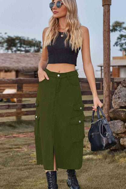 Slit Front Denim Skirt with Pockets
