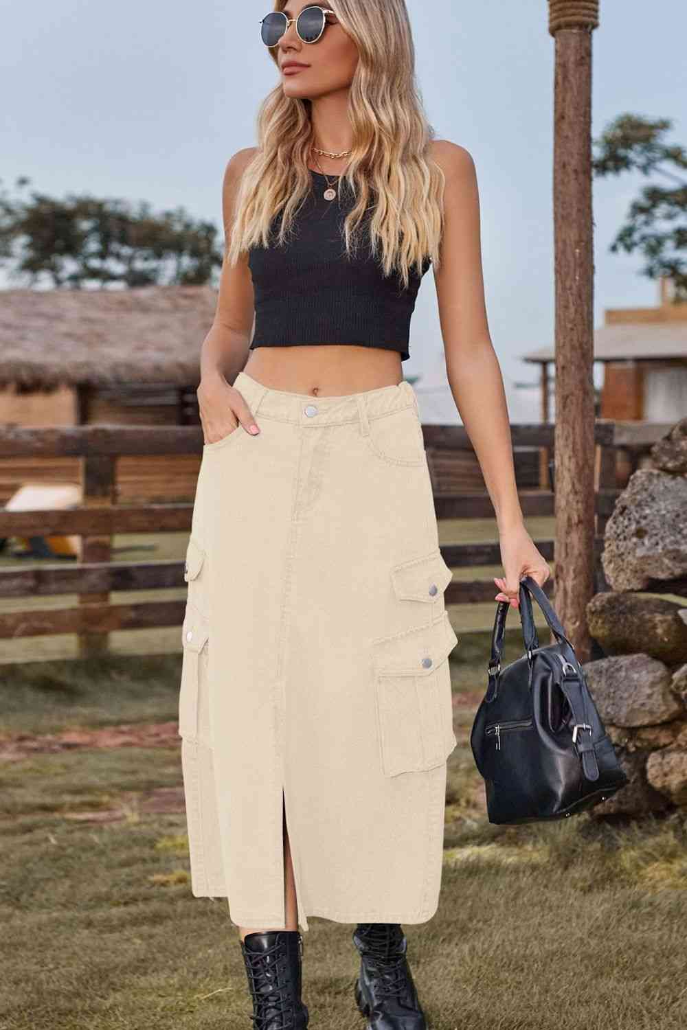 Slit Front Denim Skirt with Pockets