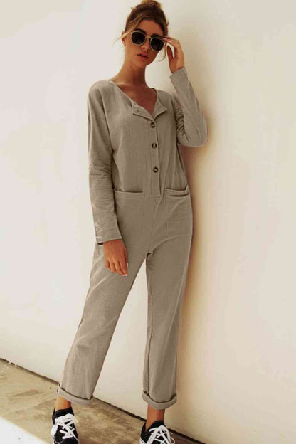 Buttoned Drop Shoulder Pocketed Jumpsuit