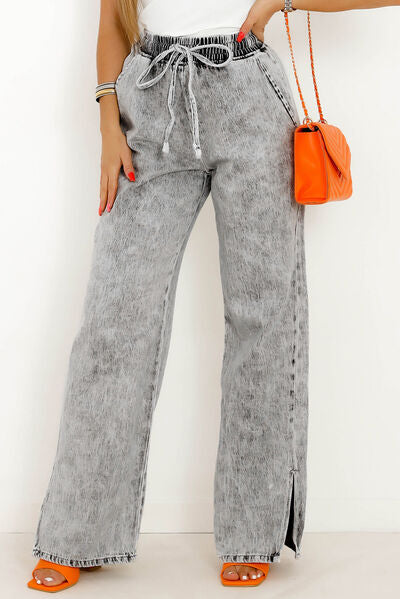 Slit Drawstring Denim Pants with Pockets