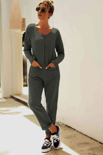 Buttoned Drop Shoulder Pocketed Jumpsuit