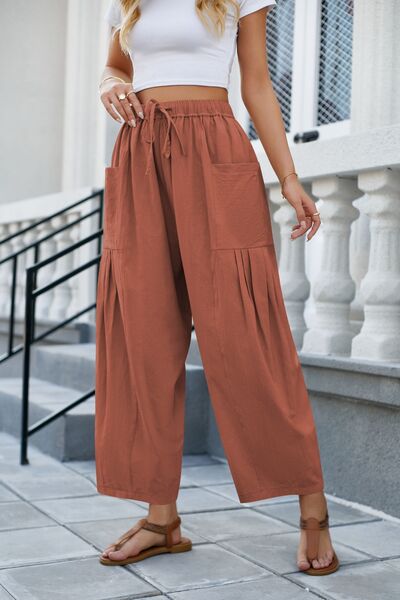 Drawstring Pocketed Wide Leg Pants