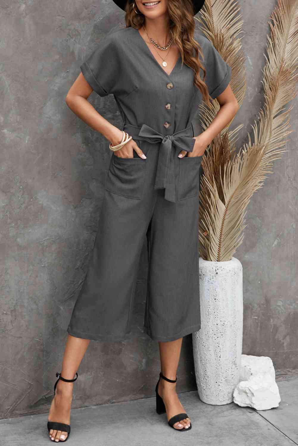 Belted Cropped Jumpsuit with Pockets