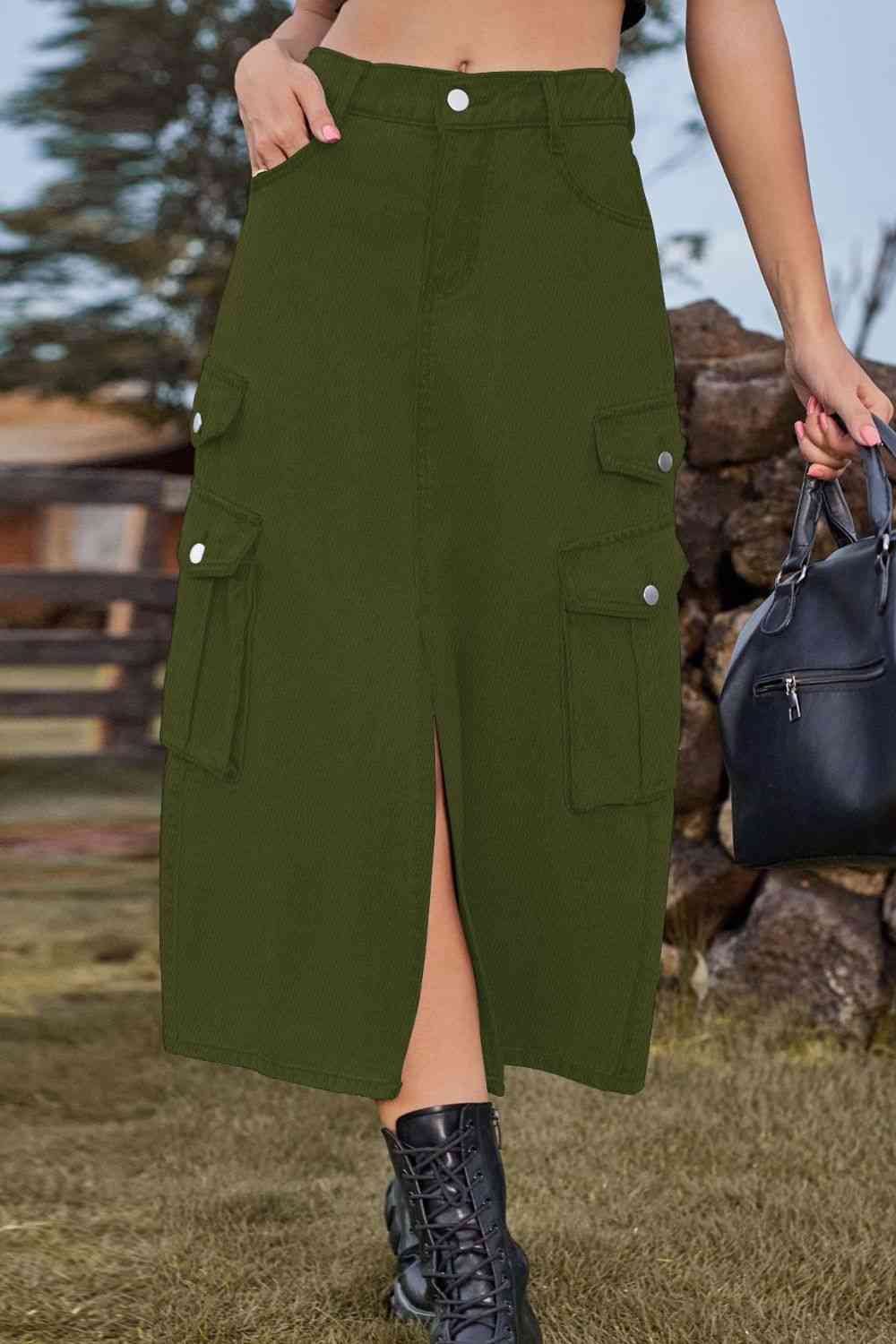 Slit Front Denim Skirt with Pockets
