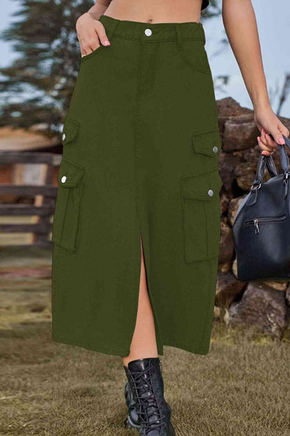 Slit Front Denim Skirt with Pockets