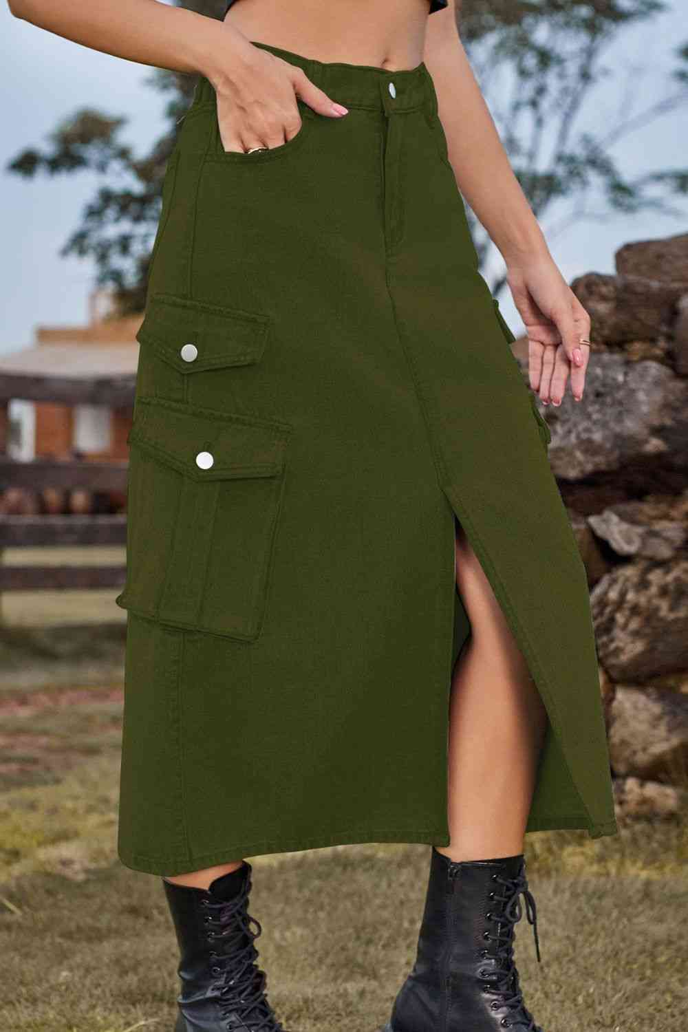 Slit Front Denim Skirt with Pockets