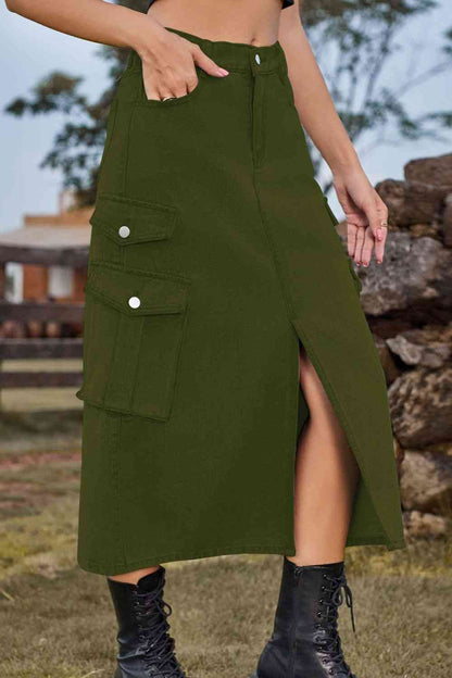 Slit Front Denim Skirt with Pockets