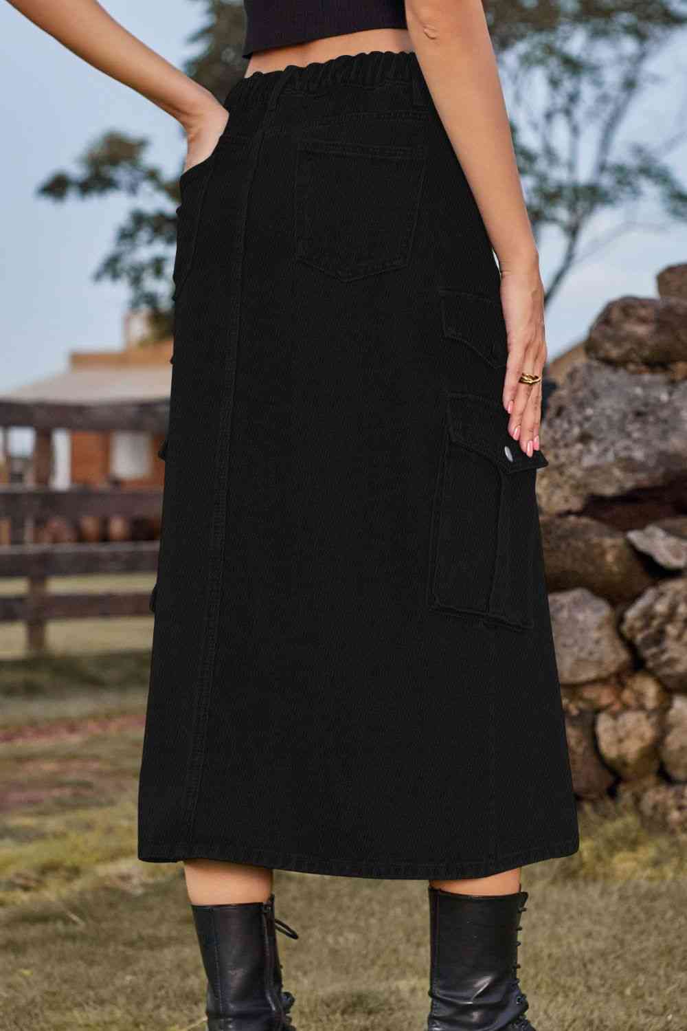 Slit Front Denim Skirt with Pockets