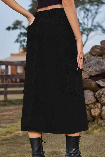 Slit Front Denim Skirt with Pockets