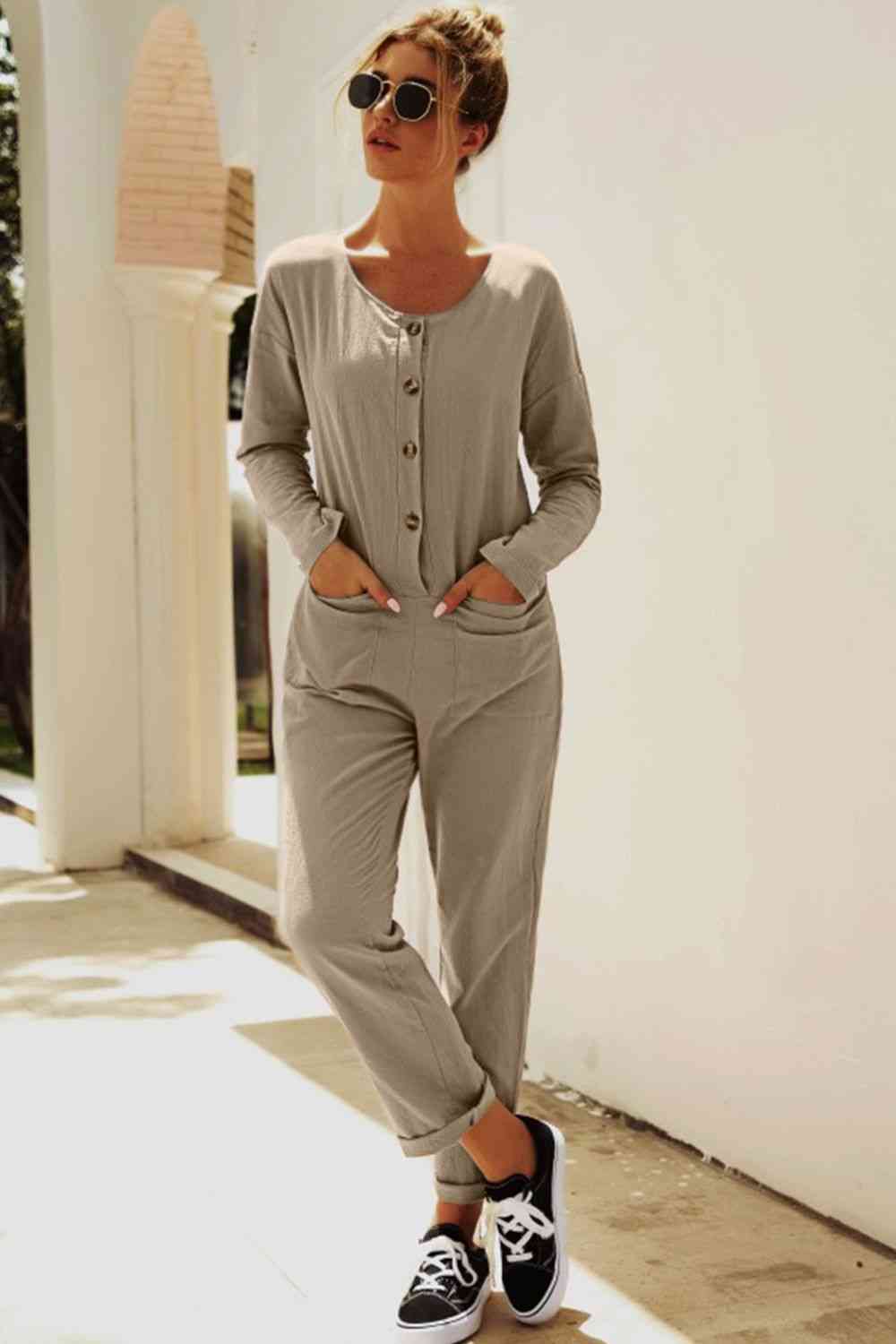 Buttoned Drop Shoulder Pocketed Jumpsuit