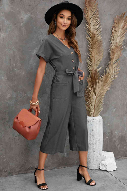 Belted Cropped Jumpsuit with Pockets