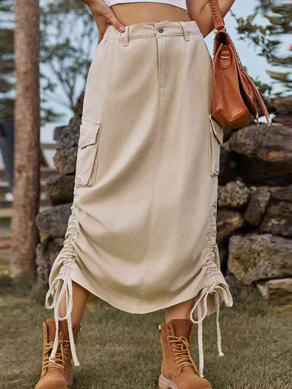 Drawstring Denim Skirt with Pockets
