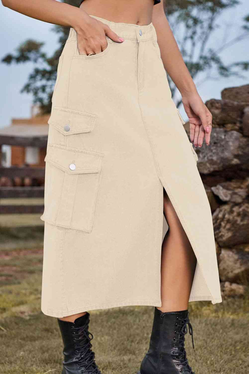 Slit Front Denim Skirt with Pockets