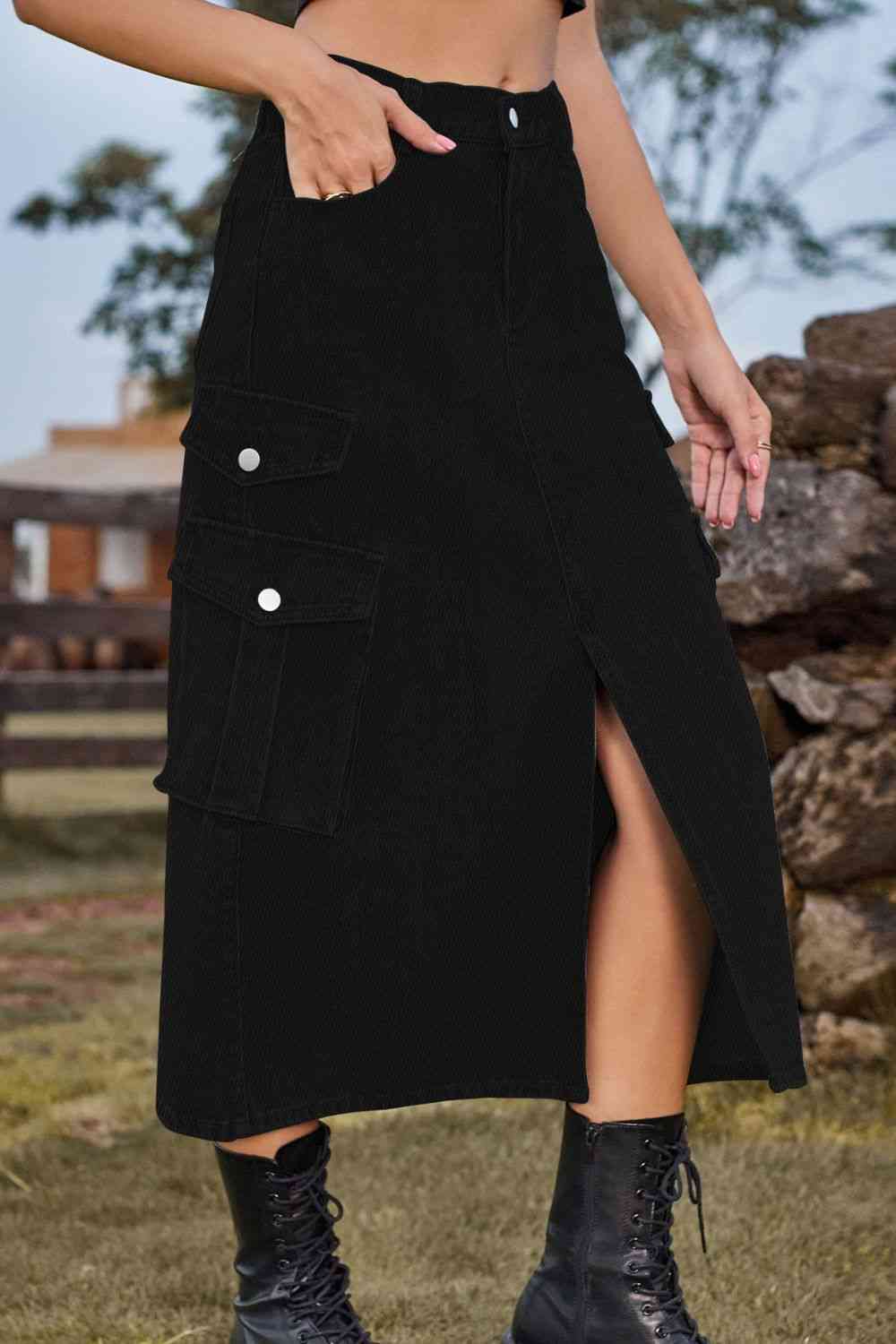Slit Front Denim Skirt with Pockets