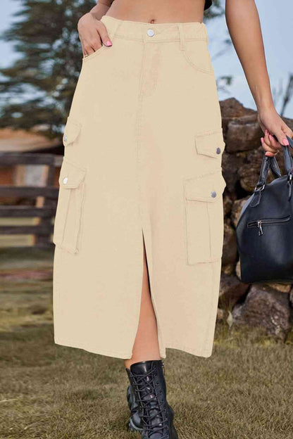 Slit Front Denim Skirt with Pockets