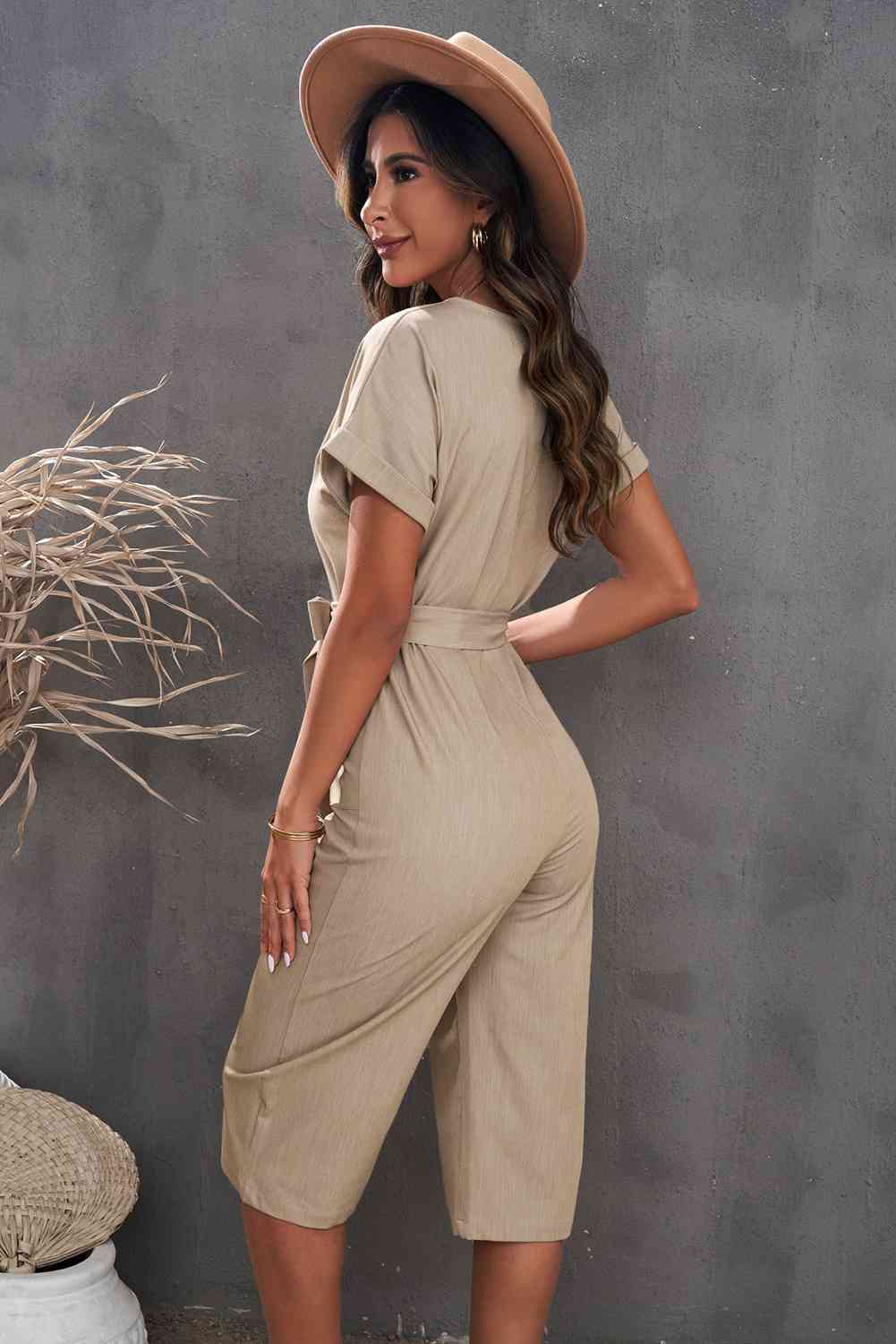Belted Cropped Jumpsuit with Pockets