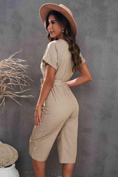 Belted Cropped Jumpsuit with Pockets