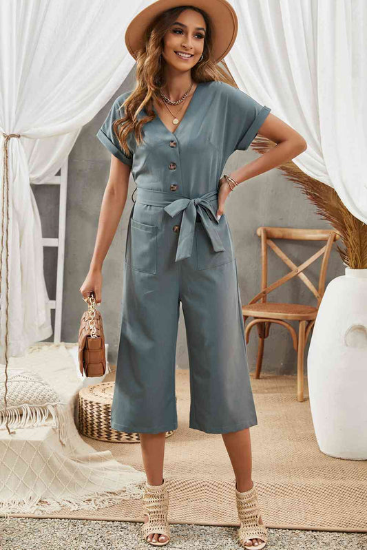 Belted Cropped Jumpsuit with Pockets