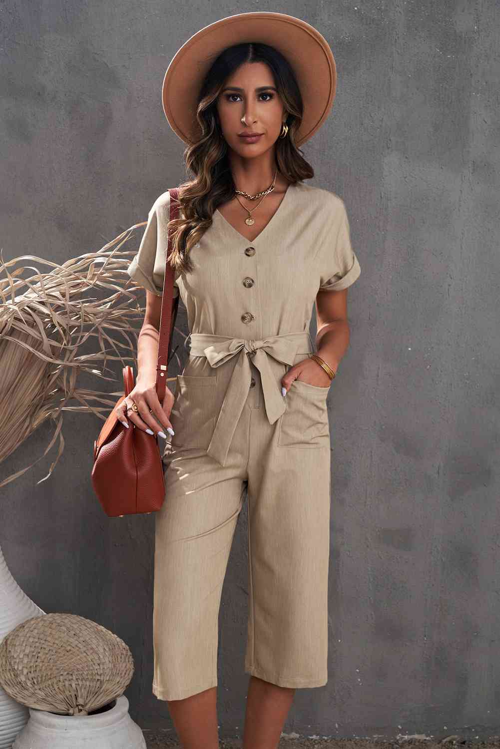 Belted Cropped Jumpsuit with Pockets