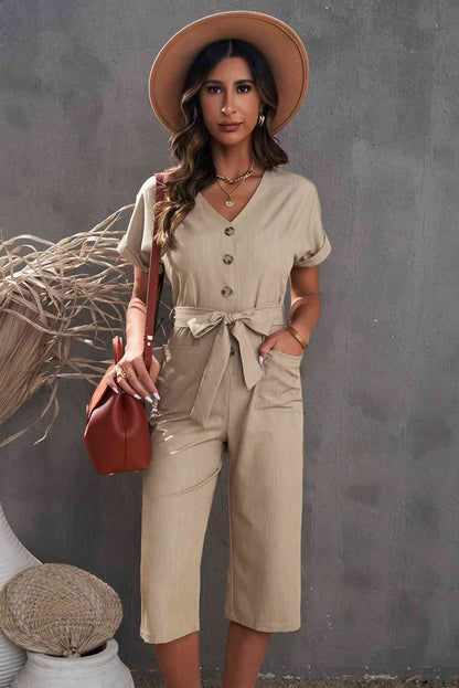 Belted Cropped Jumpsuit with Pockets