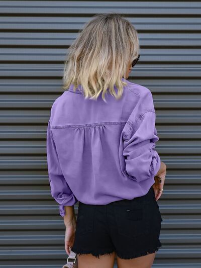 Drawstring Pocketed Button Up Top