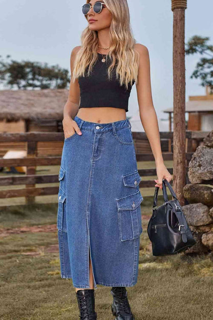 Slit Front Denim Skirt with Pockets