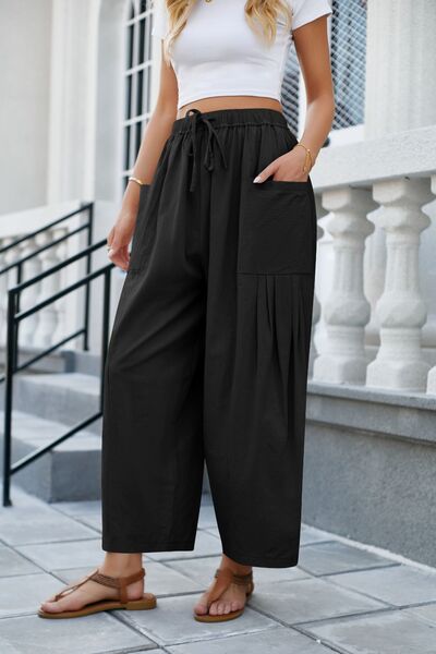 Drawstring Pocketed Wide Leg Pants