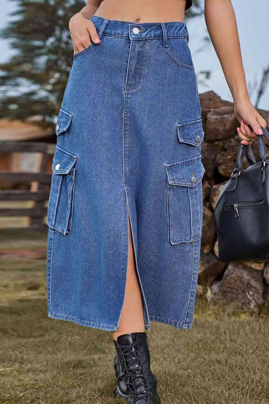 Slit Front Denim Skirt with Pockets