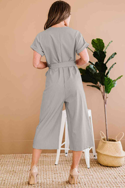 Belted Cropped Jumpsuit with Pockets