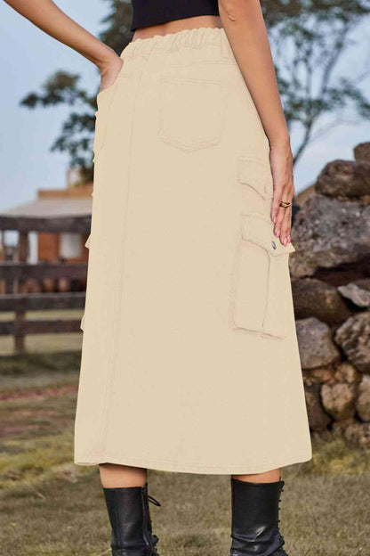 Slit Front Denim Skirt with Pockets