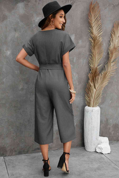 Belted Cropped Jumpsuit with Pockets