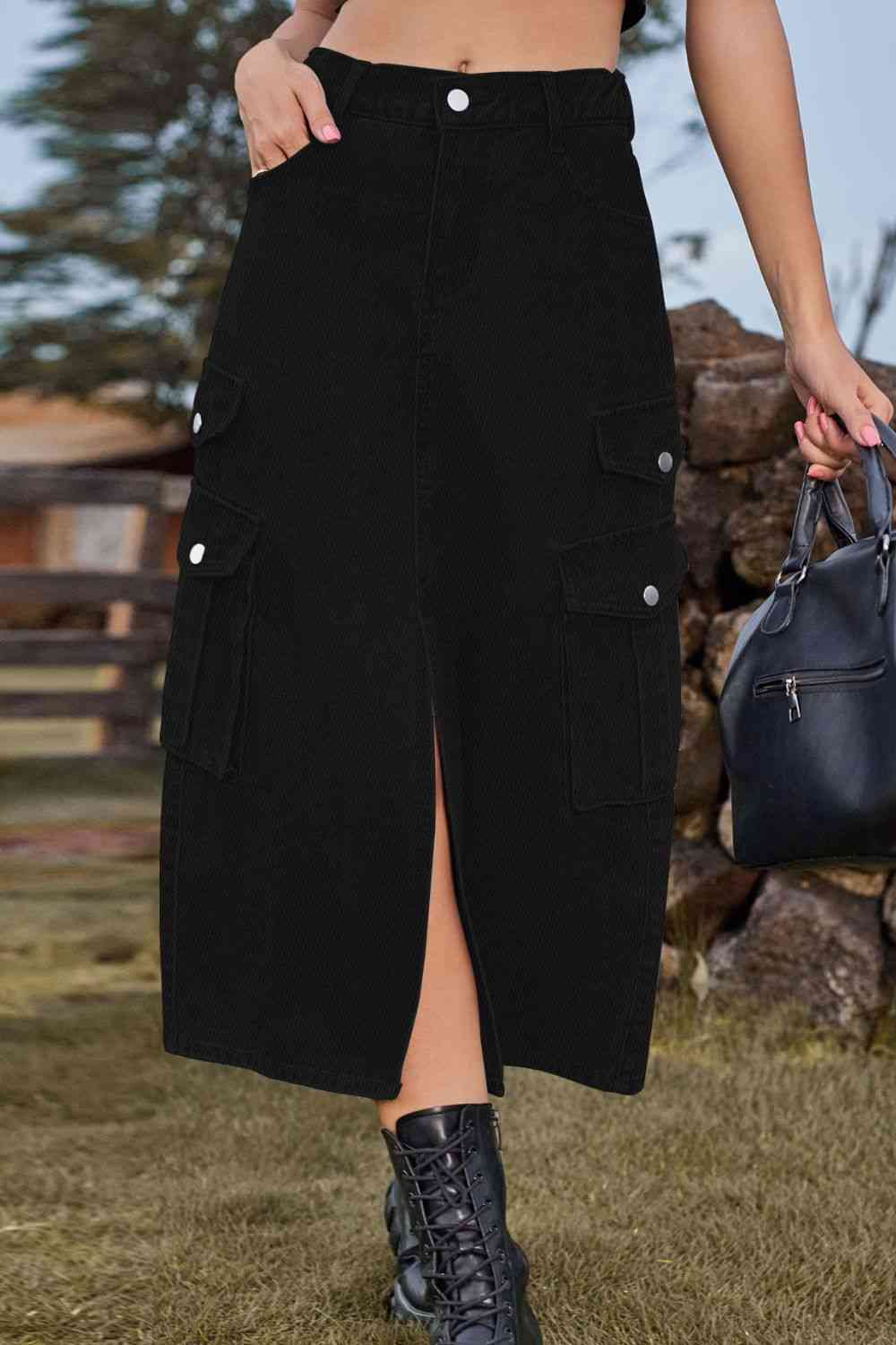 Slit Front Denim Skirt with Pockets